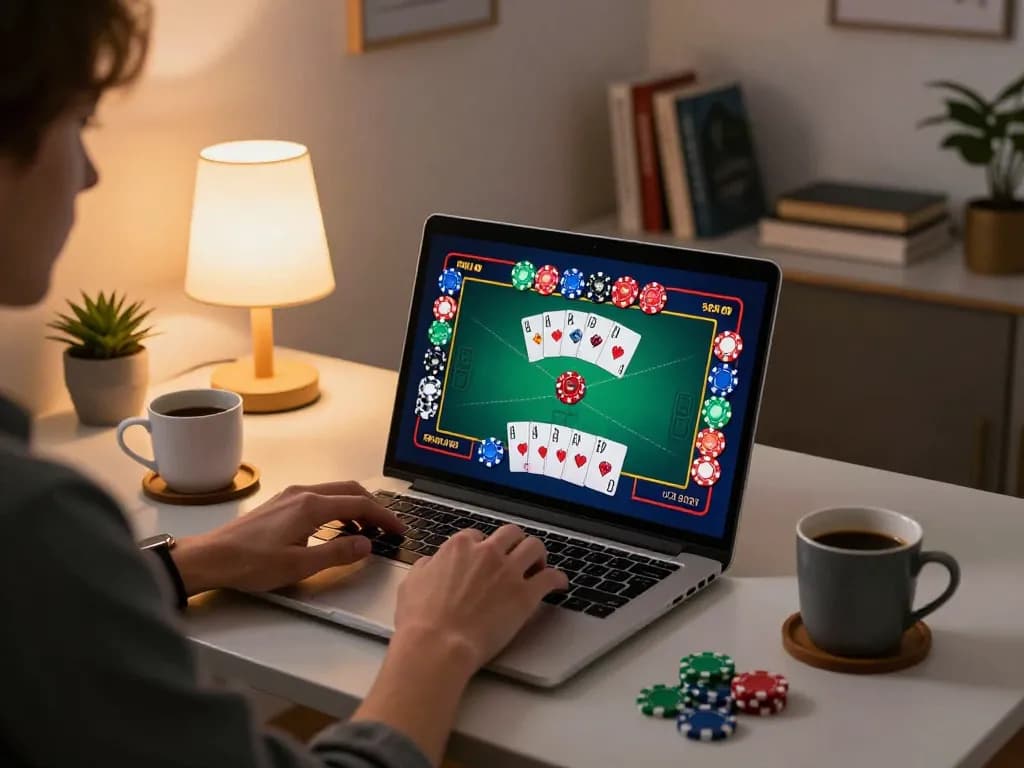 Engaging player using sunwinapk for online poker gameplay in a cozy home setting.
