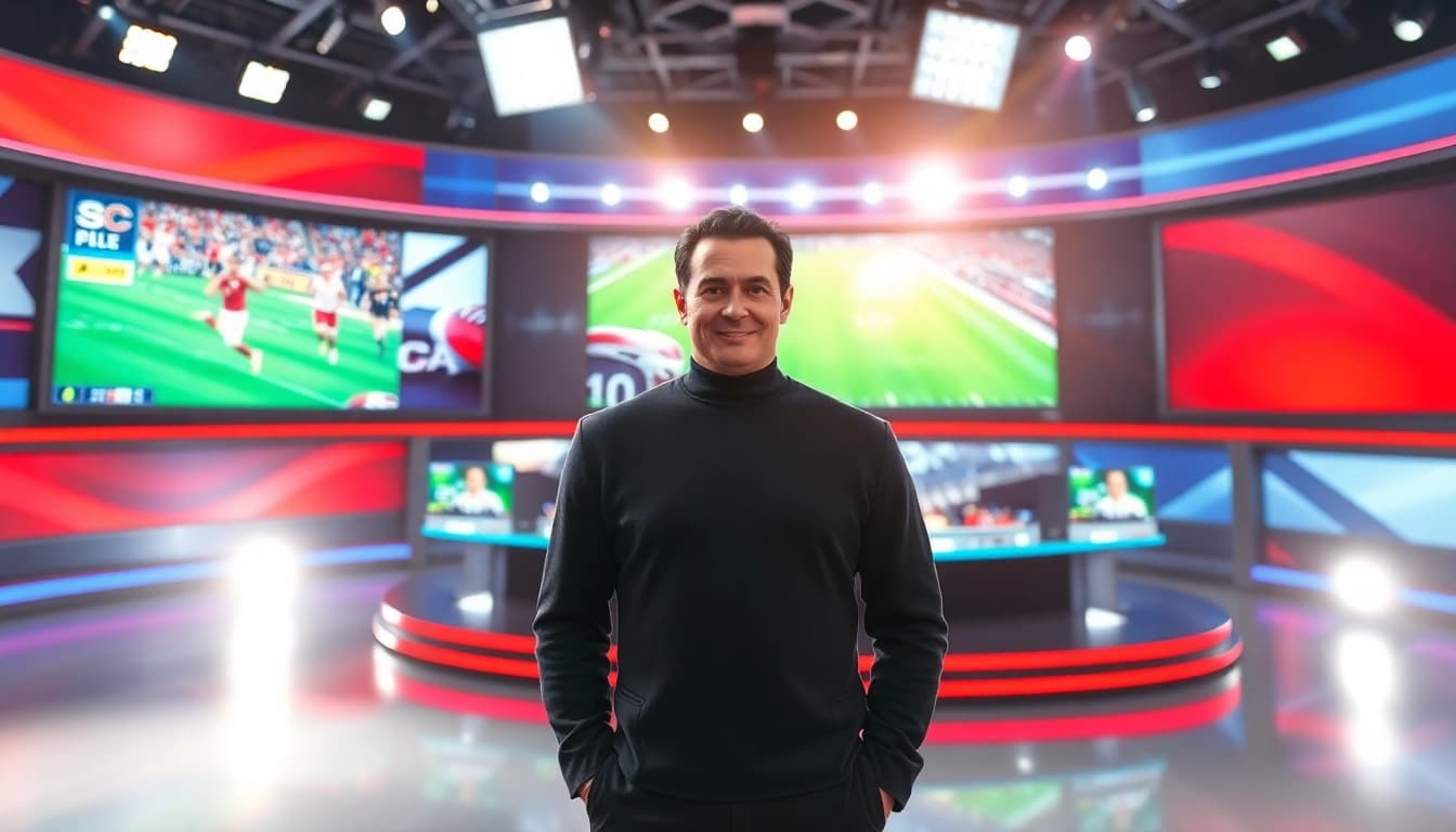 Engaging sports broadcasting studio with a lively anchor presenting highlights.