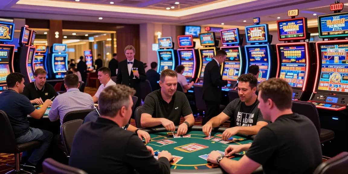 uk credit card casinos bustling casino scene with players enjoying slots and card games, vibrant atmosphere reflecting exciting gaming.