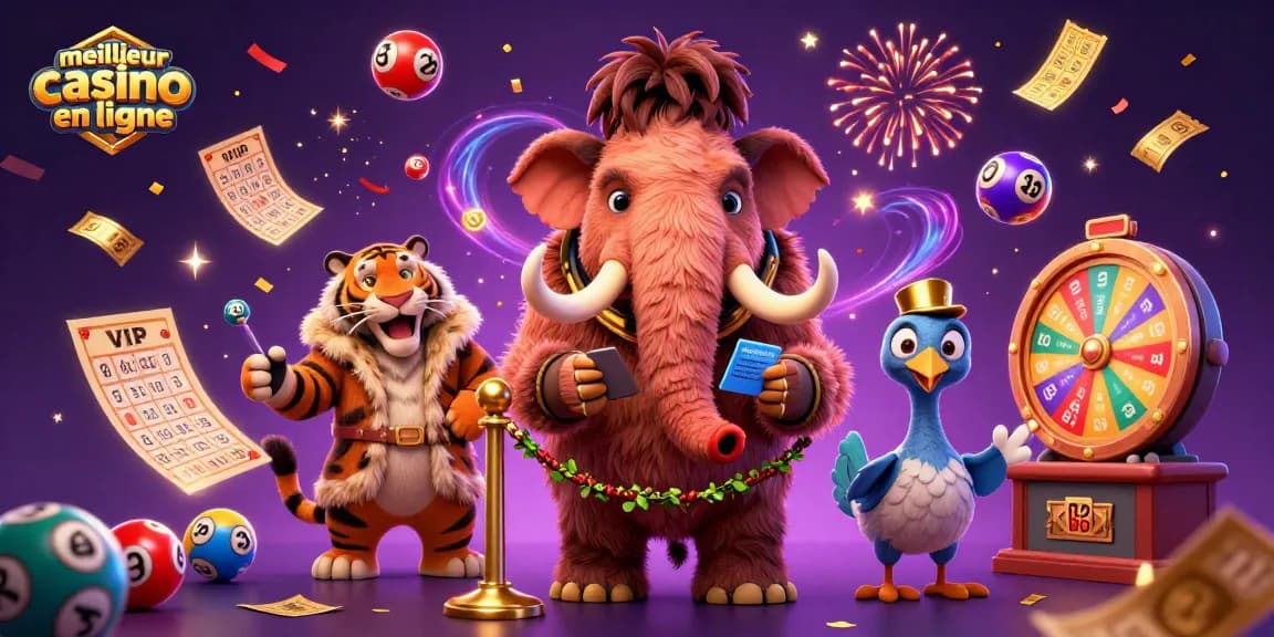 Illustration d'un meilleur casino en ligne avec un gardien mammouth, un VIP tigre et un portier dodo.
