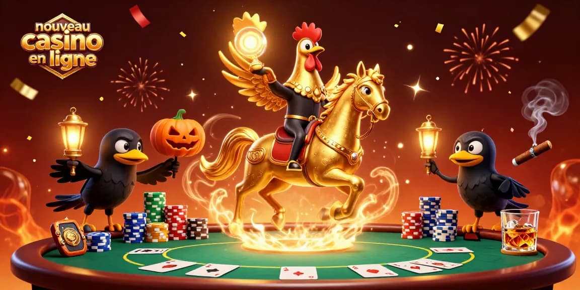 Illustration du nouveau casino en ligne avec un coq doré et des corbeaux, ambiance festive et éléments de poker.