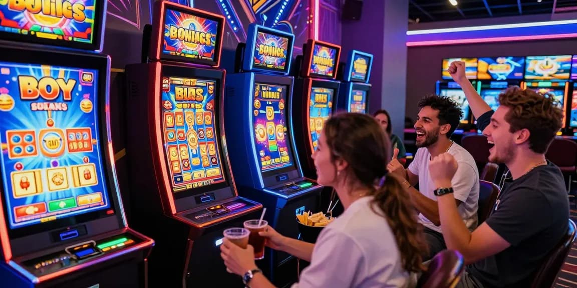 Friends enjoying bonus buy slots UK at an online casino, showcasing excitement in vibrant setting.