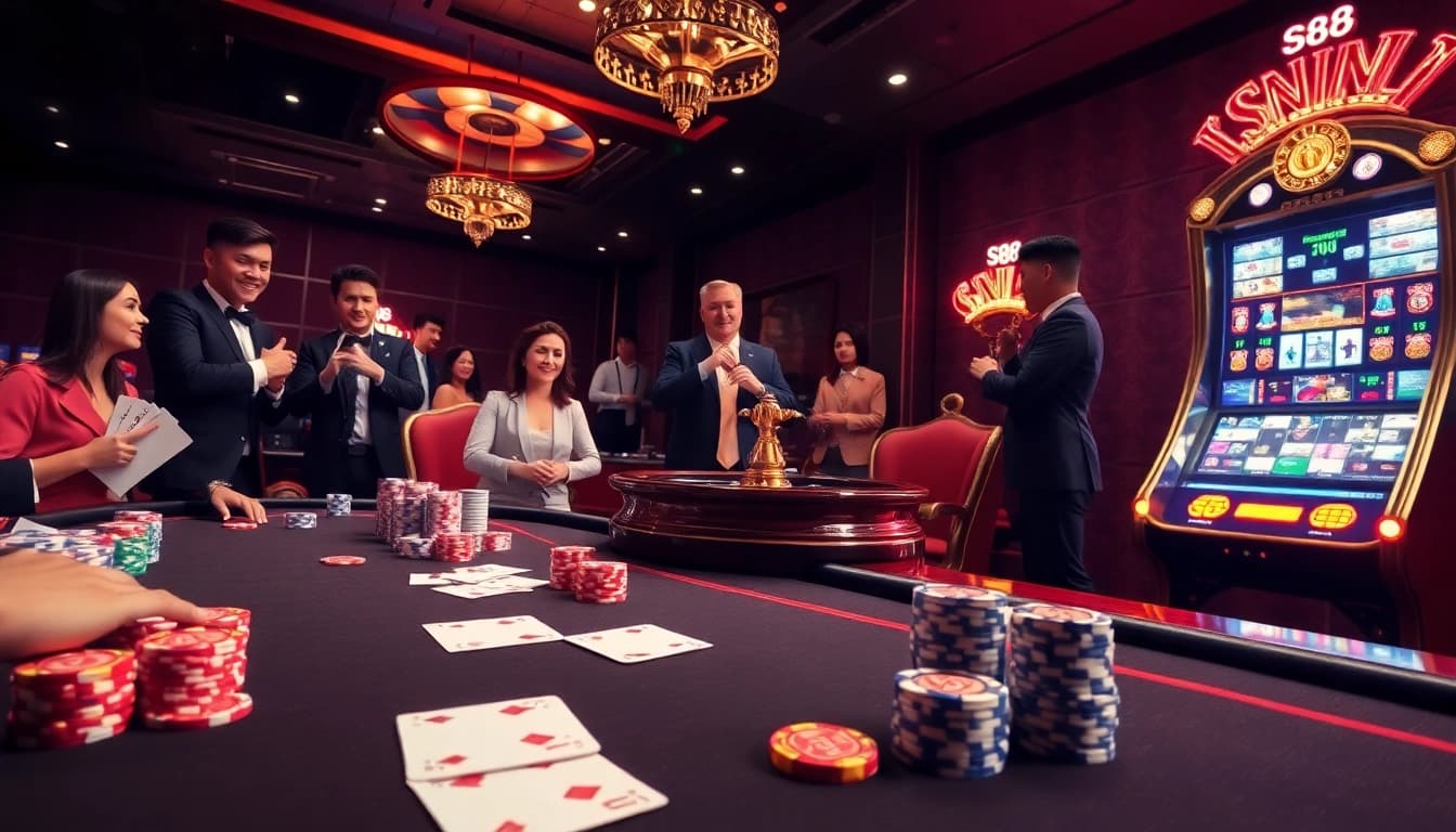S88 nhà cái casino table with poker cards and chips, creating an exciting gambling vibe.