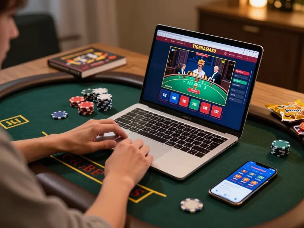 TIGERASIA88 player engaging in live dealer blackjack at home, blending comfort with excitement.