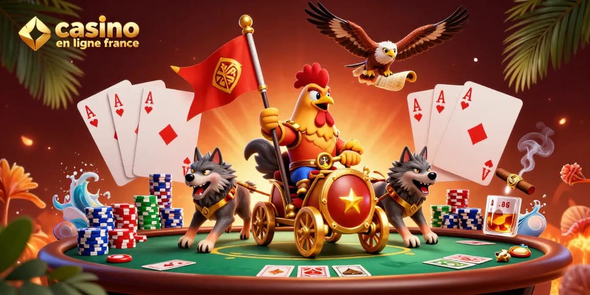 Illustration captivante de casino en ligne France avec un coq guerrier et des éléments de poker.