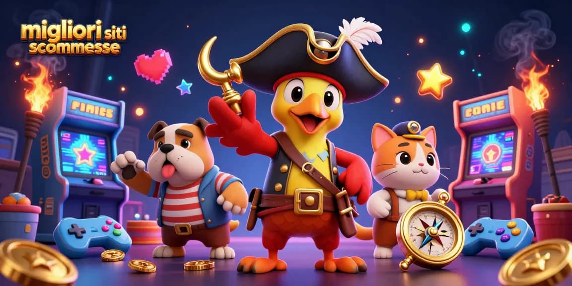 Scopri i migliori siti scommesse con un'illustrazione vivace e dinamica di un pappagallo capitano e un bulldog.