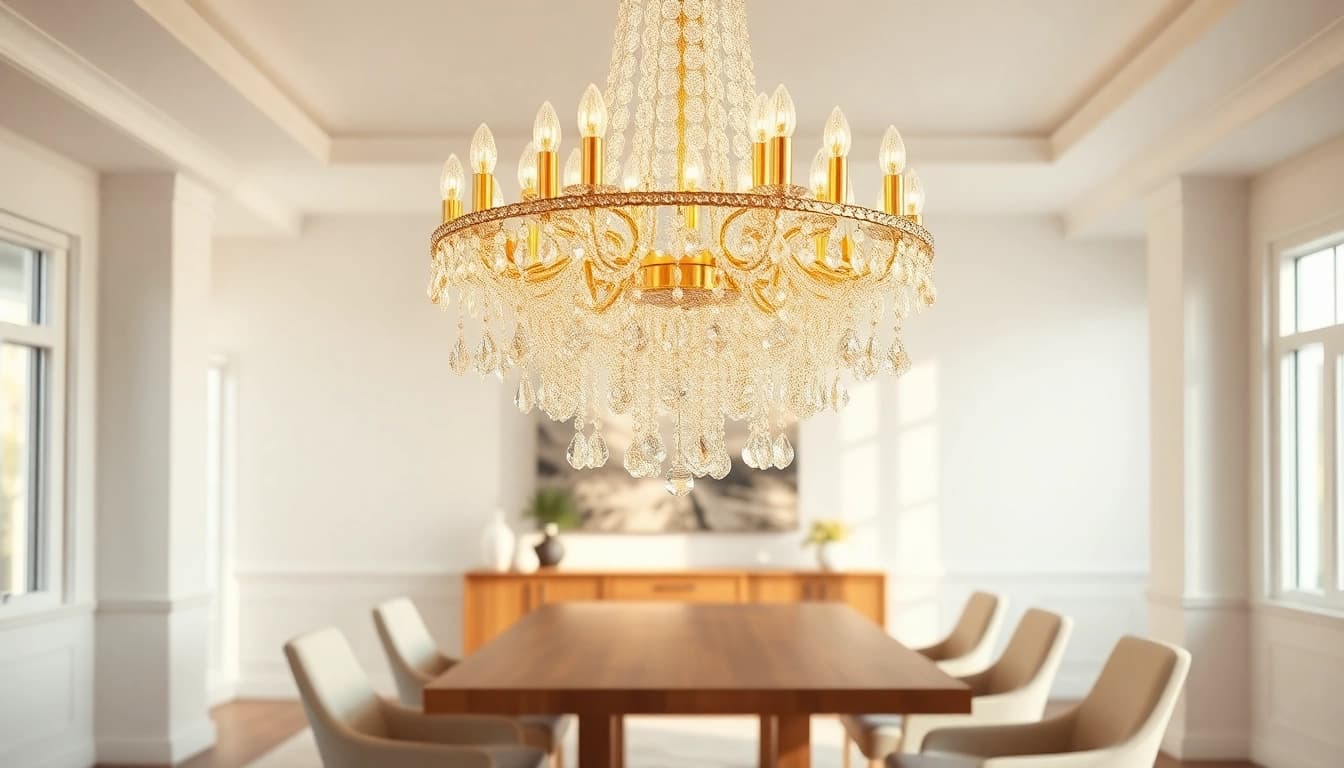 Illuminating island chandelier enhancing a modern dining room's decor with elegance.