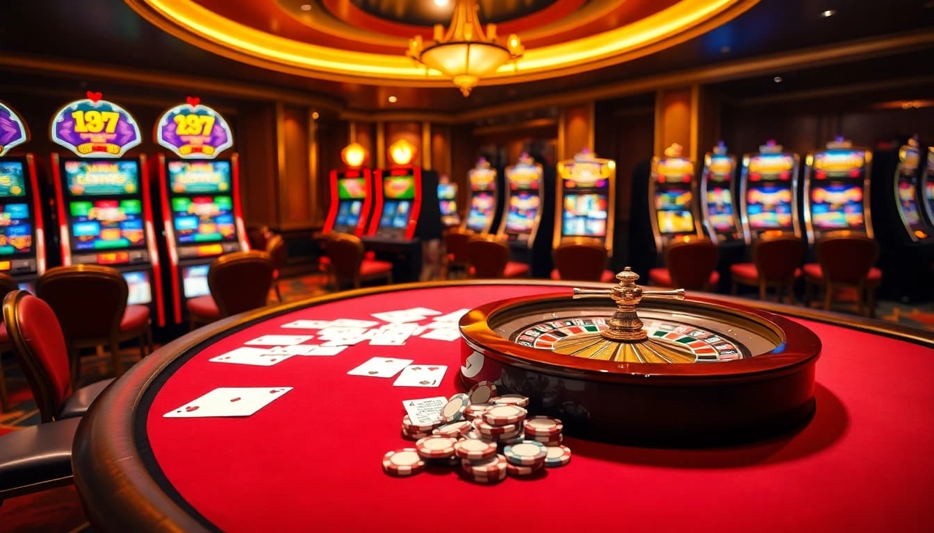 Une scène de casino animée mettant en avant un meilleure casino en ligne avec des jeux de table élégants et des machines à sous passionnantes.