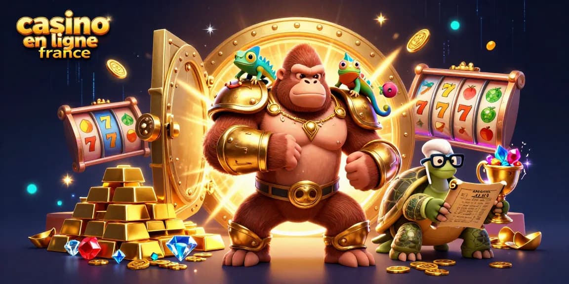 Illustration captivante de la scène du casino en ligne en France avec un gorille puissant et des éléments de jeu.