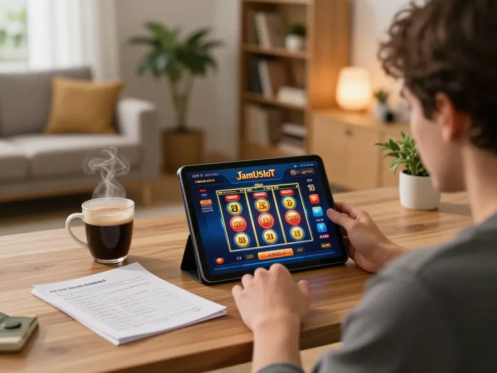 Engaging with situs slot gacor on a tablet at home, showcasing an exciting online gaming experience