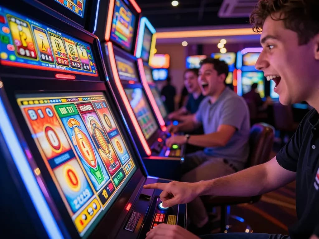 Player experiencing exhilaration at slot gacor machine in a lively casino environment