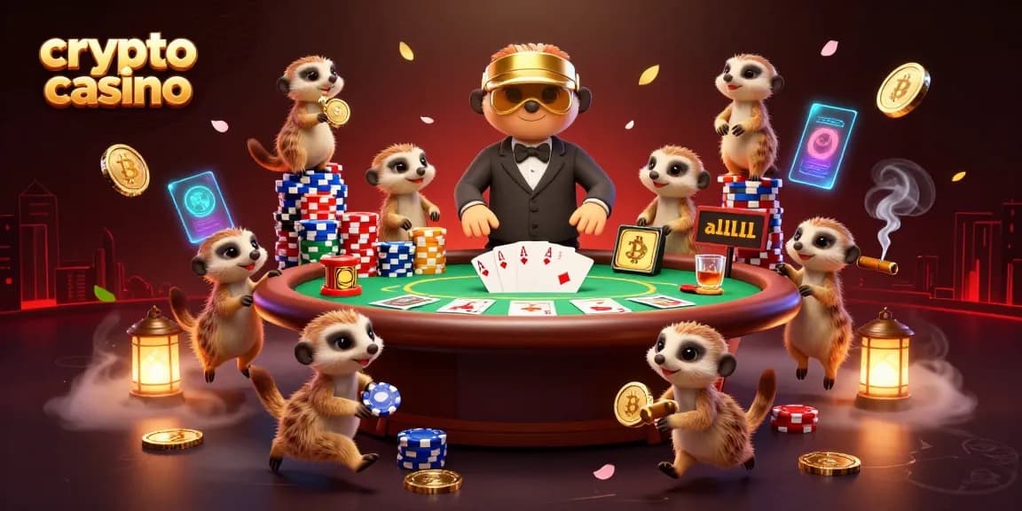 Casino crypto animé avec des suricates, jetons de poker et jeux dynamiques.