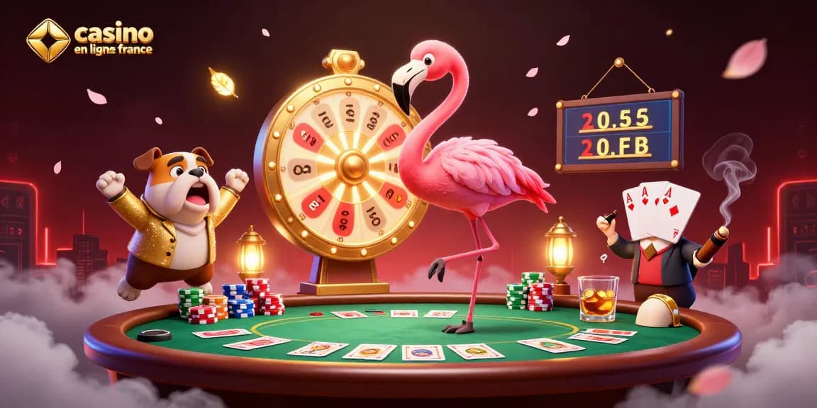 Illustration dynamique de casino en ligne France, avec un flamant rose animateur et des jeux de cartes excitants.