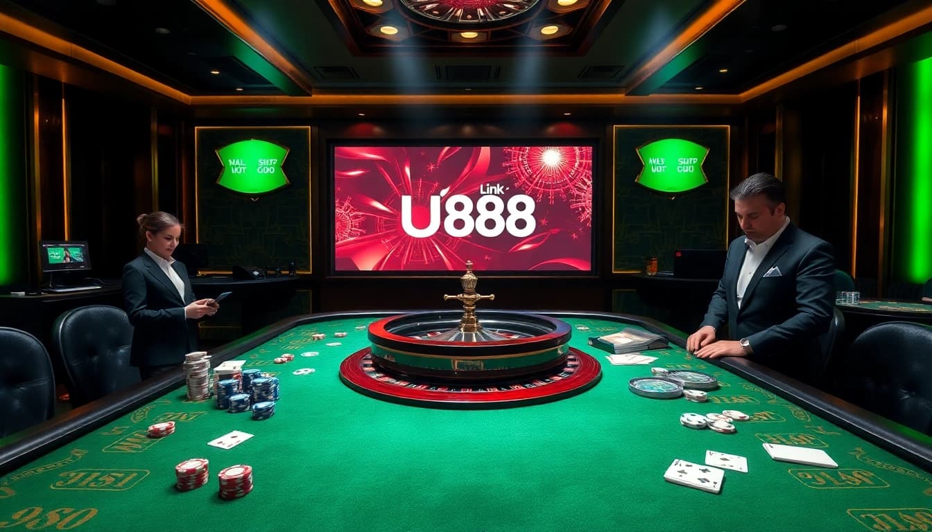 Experience the thrill of winning at Link U888 with vibrant casino visuals featuring poker chips and roulette.