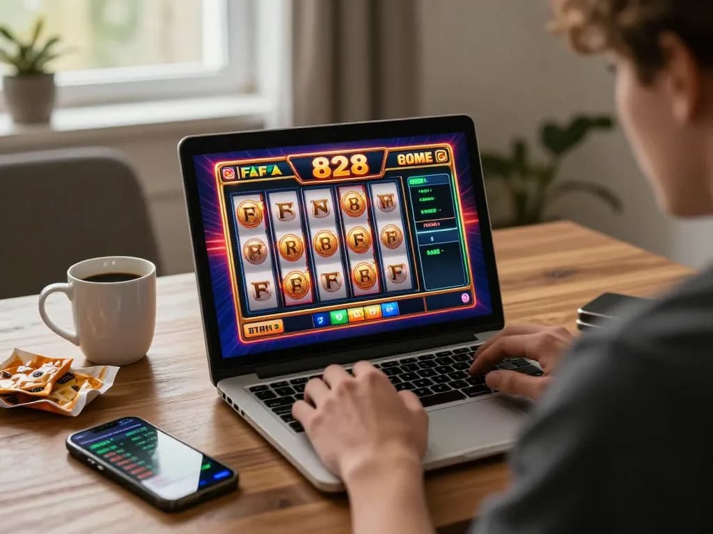 Experience FAFA 828 action while spinning reels in a cozy online gaming setup.