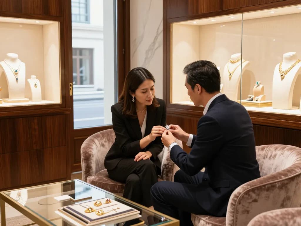 Jeweler showcasing special info on luxury diamond ring in elegant store.