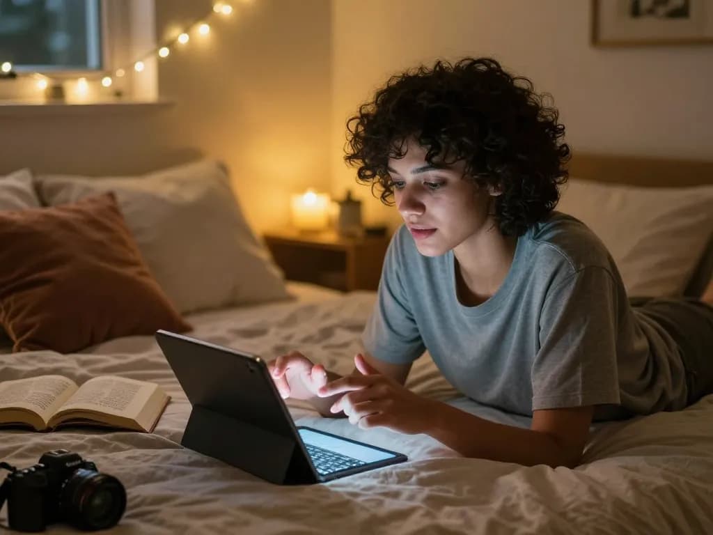 Engaging in ai chat porn with a cozy ambiance, showing digital interaction on a tablet.