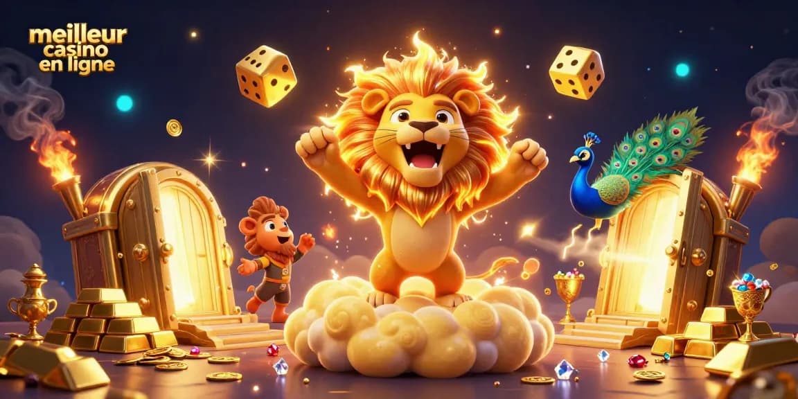 Visualisez le meilleur casino en ligne avec un lion rayonnant et des dés dorés dans un univers éclatant.