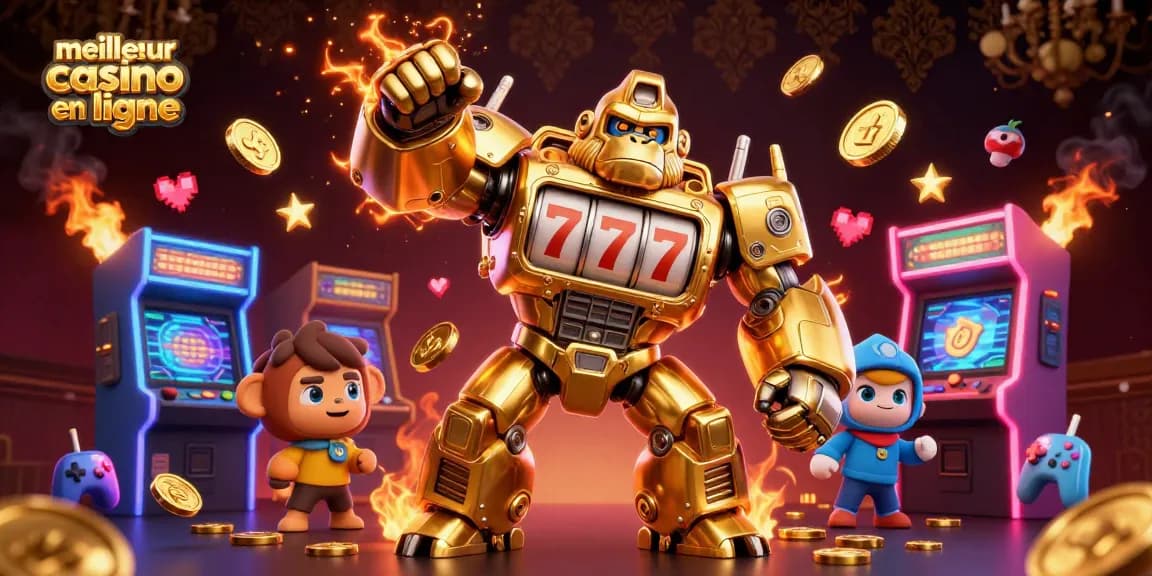 Gagnez au meilleur casino en ligne avec une illustration de machines à sous dynamiques et un gorille en or robotique.