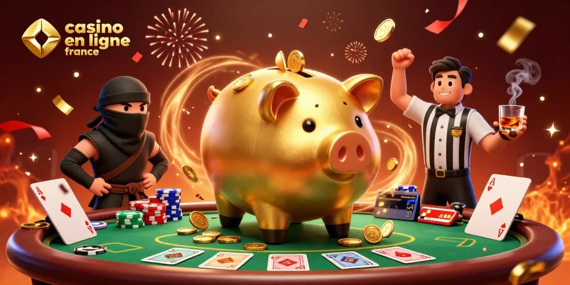 Illustration dynamique représentant un casino en ligne France avec un sumo cochon d'or et des éléments de poker.
