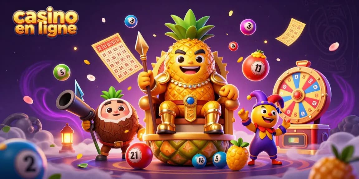 Jouer au casino en ligne avec le roi ananas doré et ses gardes à la plage.