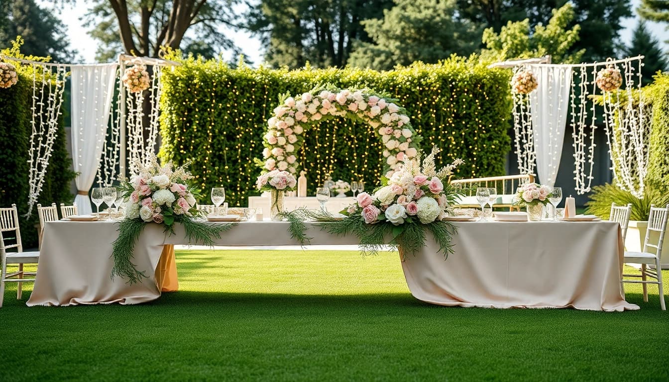 Discover beautiful Wedding & Event Rentals in a stunning outdoor setting featuring elegant table arrangements.