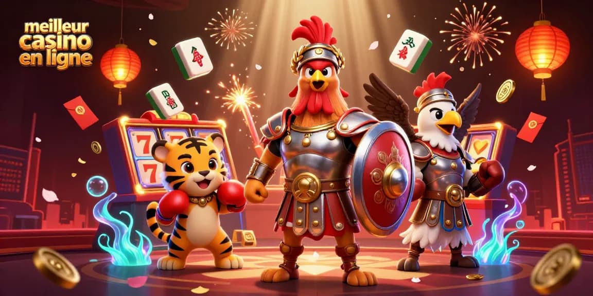 Visualisez le meilleur casino en ligne avec un coq gladiateur et des éléments dynamiques de jeu.