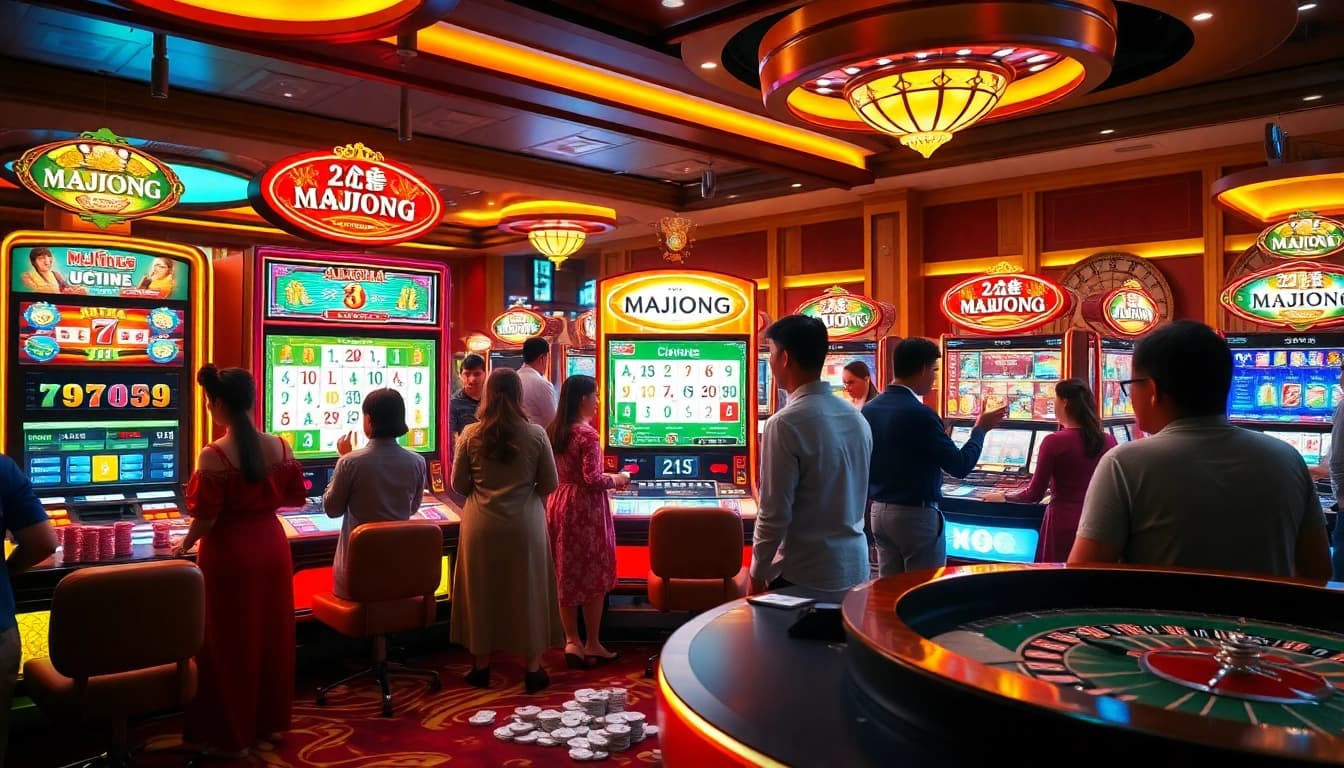 Play the mahjong slot demo at a lively casino with vibrant slot machines and excited players.