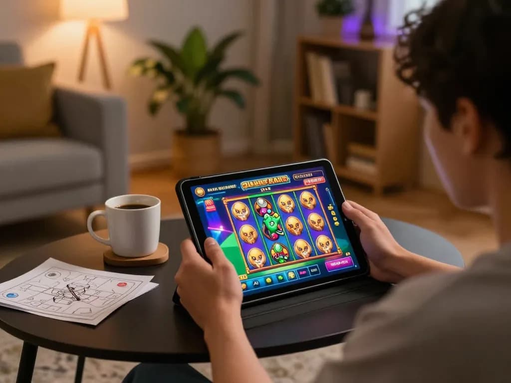 Person engaged in playing slot jepang on a tablet at home, showcasing vibrant gaming interface and cozy environment.