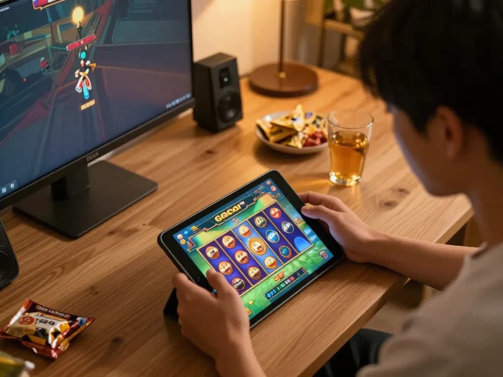 Engaged player enjoying link slot gacor gameplay on tablet with dynamic animations in cozy home setting