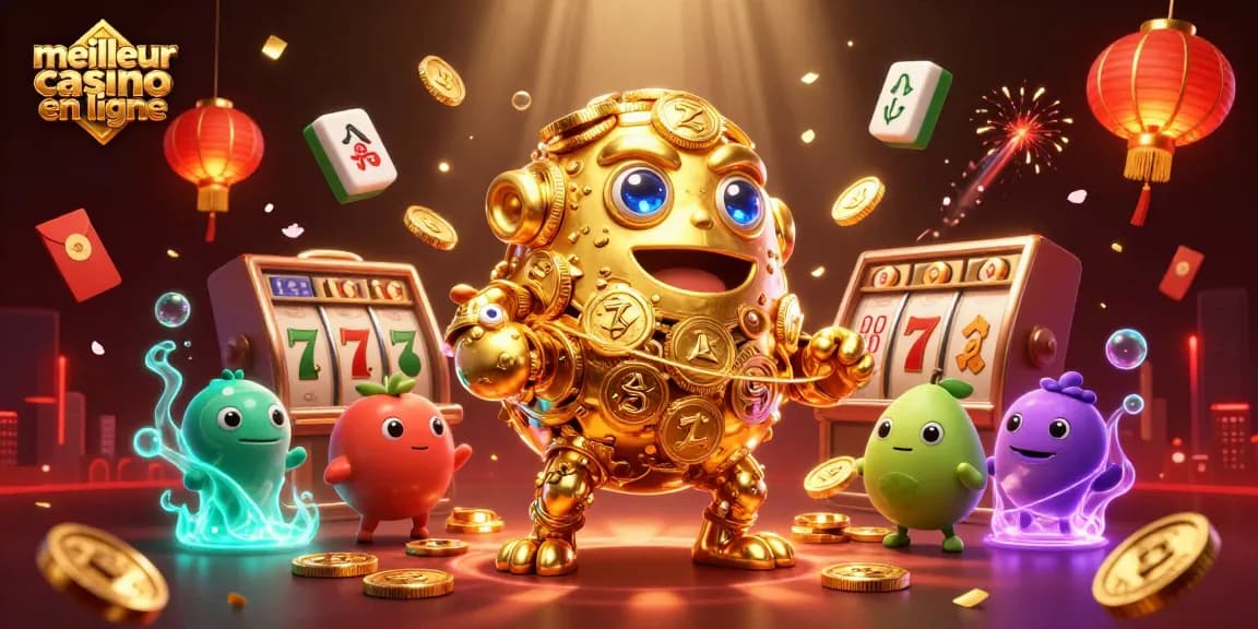 Gagnez au meilleur casino en ligne avec une scène dynamique de machines à sous, jetons d'or et symboles chanceux.