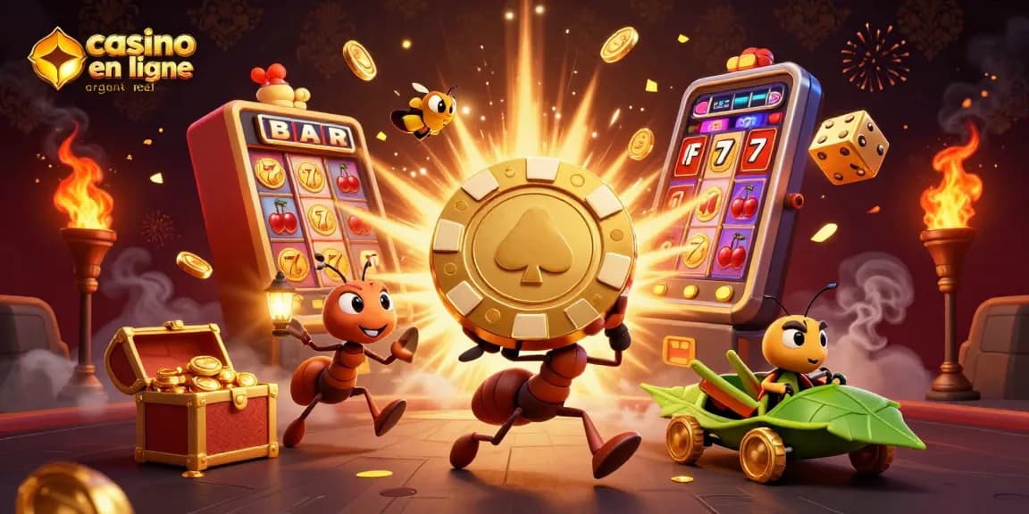 Jouez dans un casino en ligne argent réel avec une illustration dynamique d'un groupe d'insectes en pleine aventure.