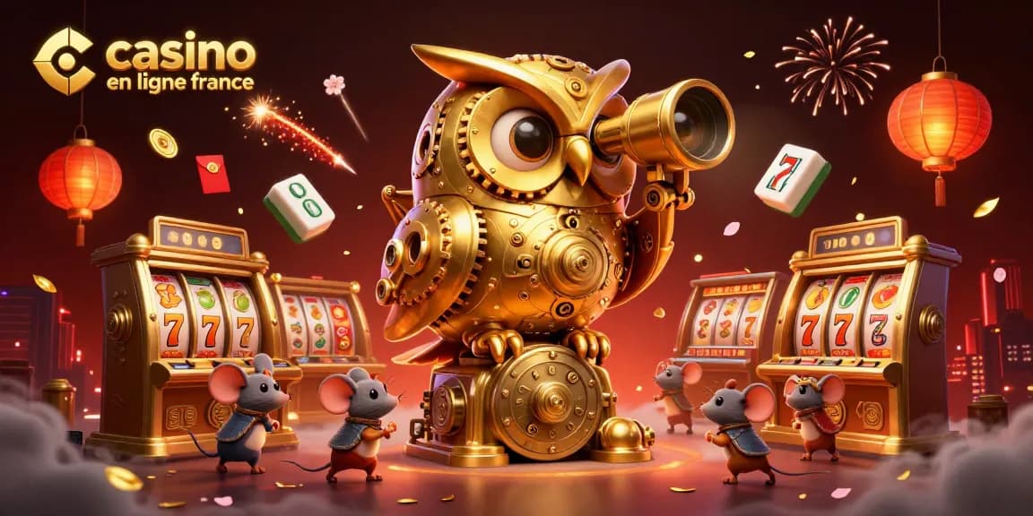 Explorez un casino en ligne France avec une scène magique d'une chouette dorée et des souris entre les machines à sous.