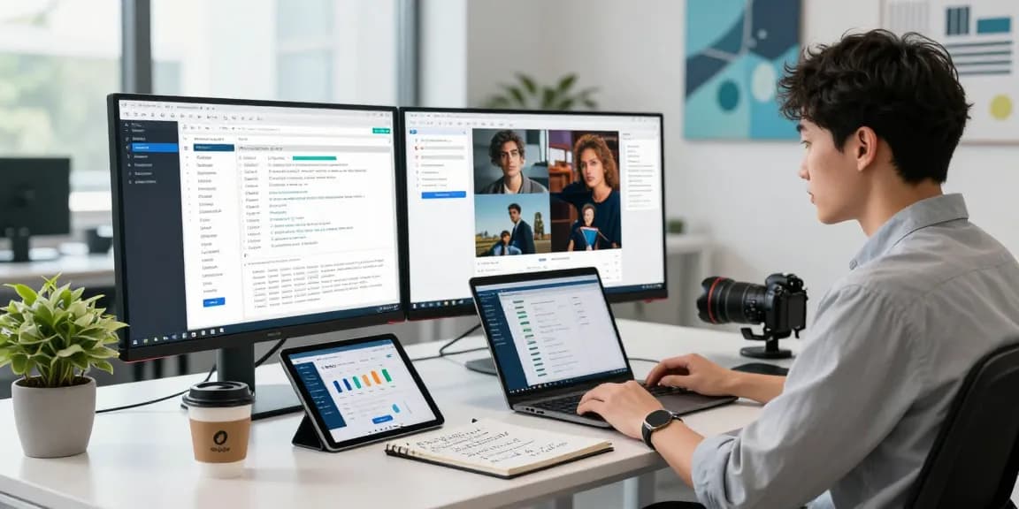 AI image detector in action at a modern workspace with data analysis screens.