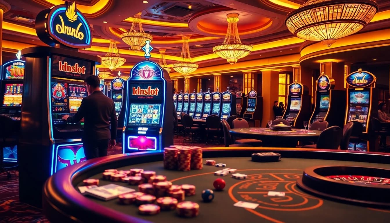 Engaged player in 'Idnslot' casino scene with vibrant slot machines and poker tables.