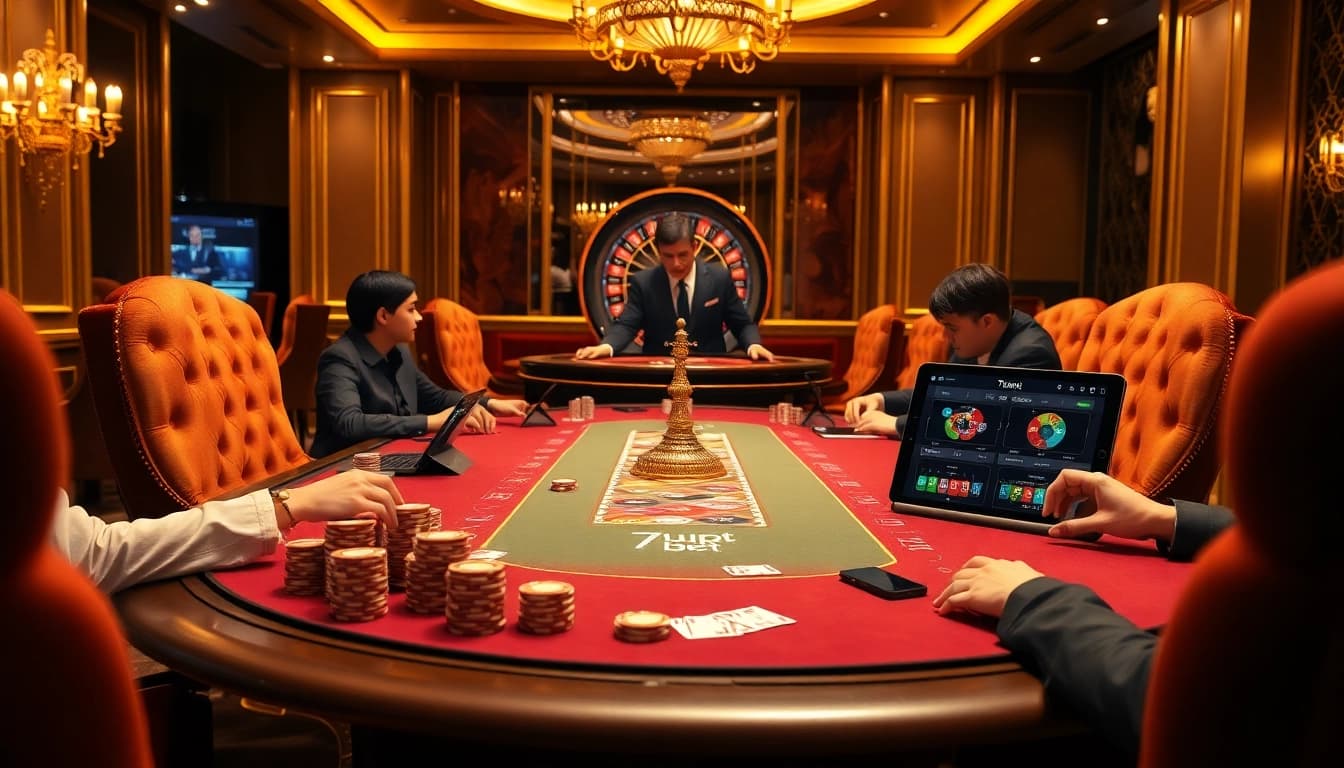 High-stakes poker game at a 7upbet casino with vibrant ambiance and rich textures.