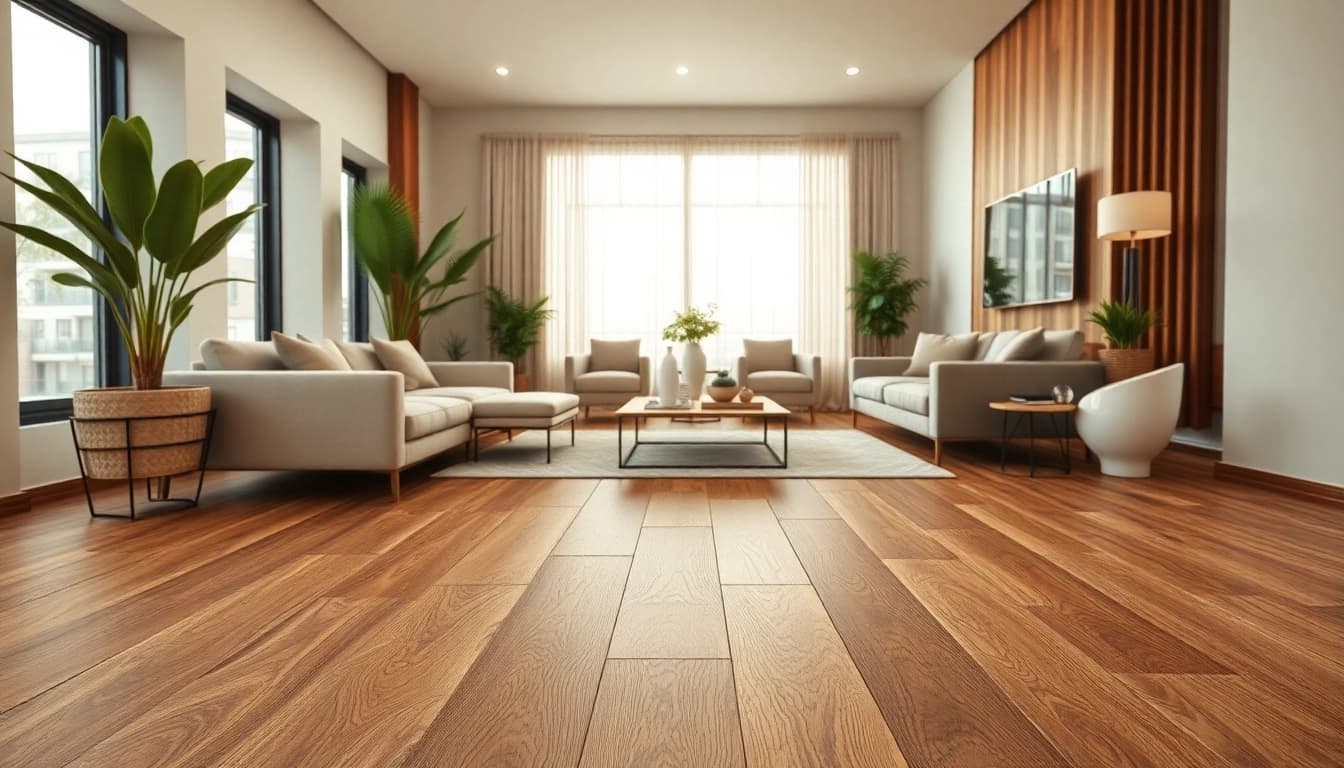 Luxury vinyl flooring showcased in a bright, modern living room with elegant decor and warm colors.