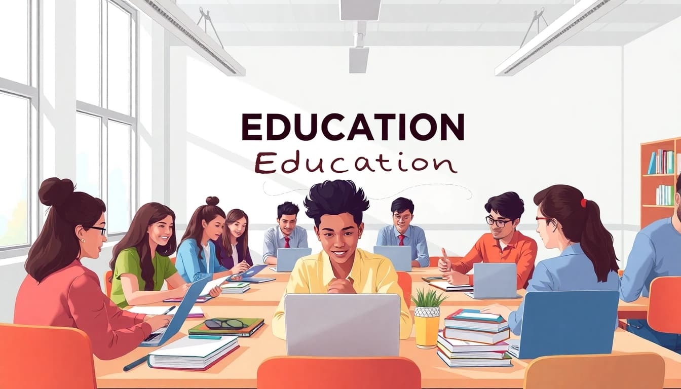 Highlighting Education through diverse students collaborating creatively in a vibrant classroom setting.