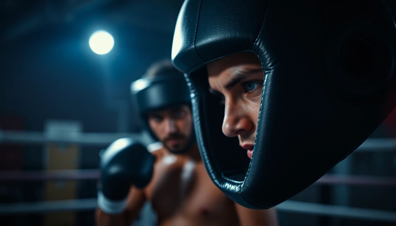 Training with headgear boxing in a professional gym setting showcasing safety and intensity.