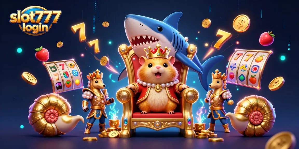 Slot777 login menarik perhatian dengan ilustrasi kasino 3D, raja hamster emas dan elemen slot.