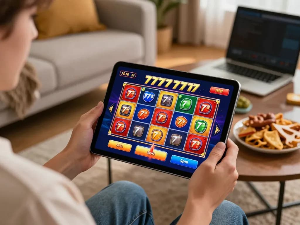 Person engaging with slot777 game interface on a tablet in a cozy home setting, highlighting exciting online gambling.