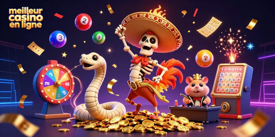 Découvrez le meilleur casino en ligne à travers une illustration festive avec des personnages 3D animés et des éléments de jeu