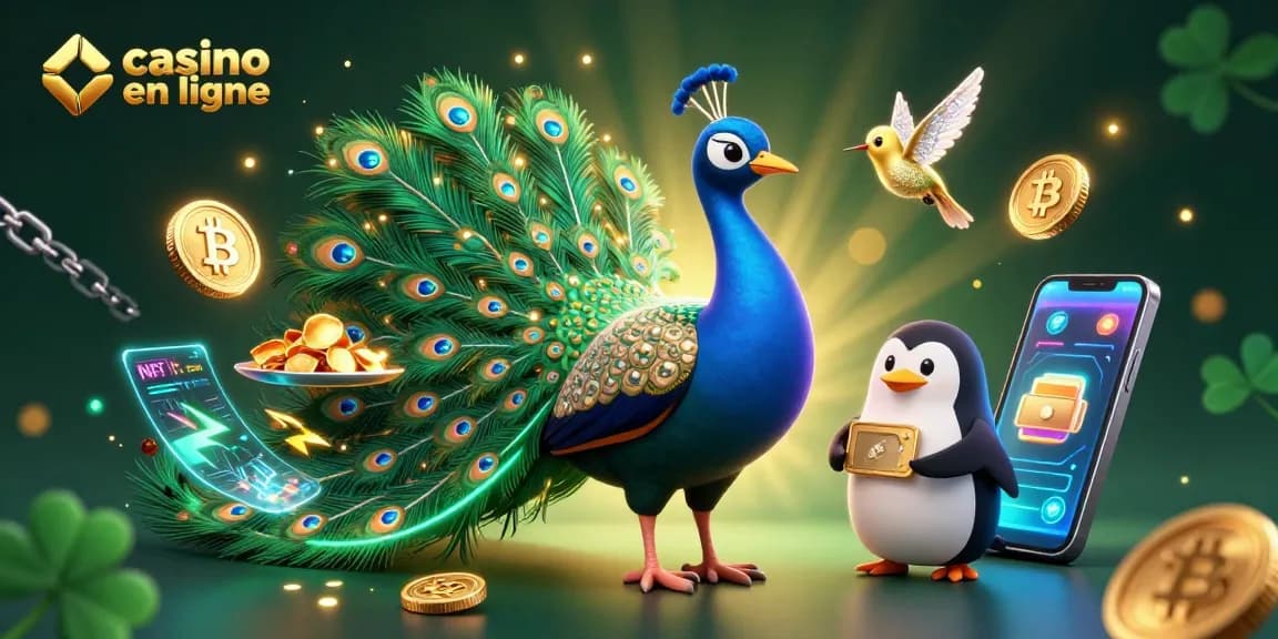 Illustration dynamique de casino en ligne avec un paon aristocratique, un pingouin serveur et un colibri, entourés de pièces de Bitcoin.