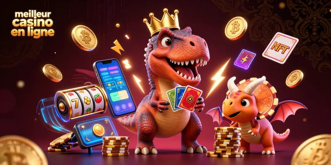 Le meilleur casino en ligne, un T-Rex jouant aux cartes avec des pièces de crypto-monnaie et des jetons dorés.