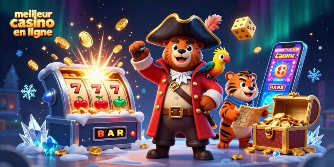 Découvrez le meilleur casino en ligne avec un ours capitaine vêtu de rouge entouré de jeux d'argent.