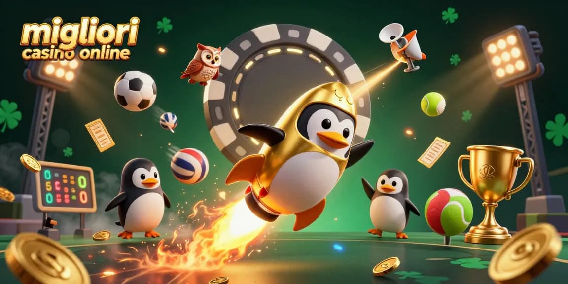 Scopri i migliori casino online mentre un pinguino dorato vola verso un casinò spaziale.