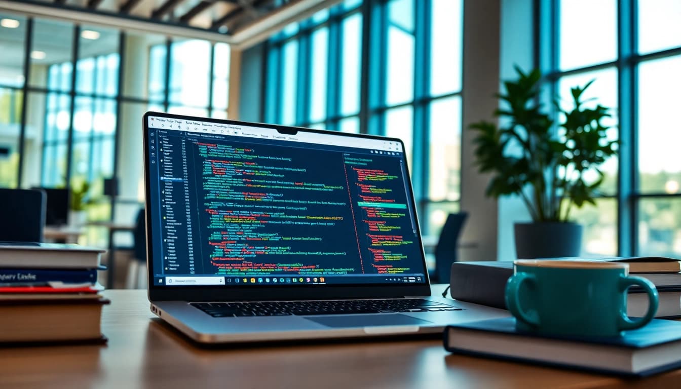 Software engineering workspace with coding projects on laptop and coffee.