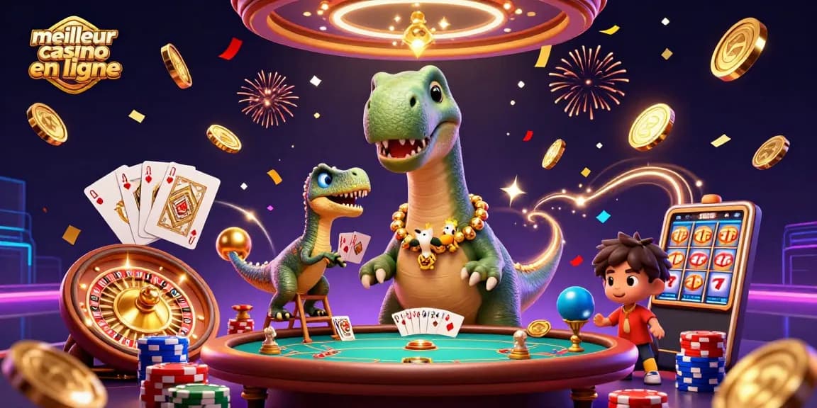 Vivez l'expérience du meilleur casino en ligne avec un brontosaurus et un rapace distribuant des cartes.