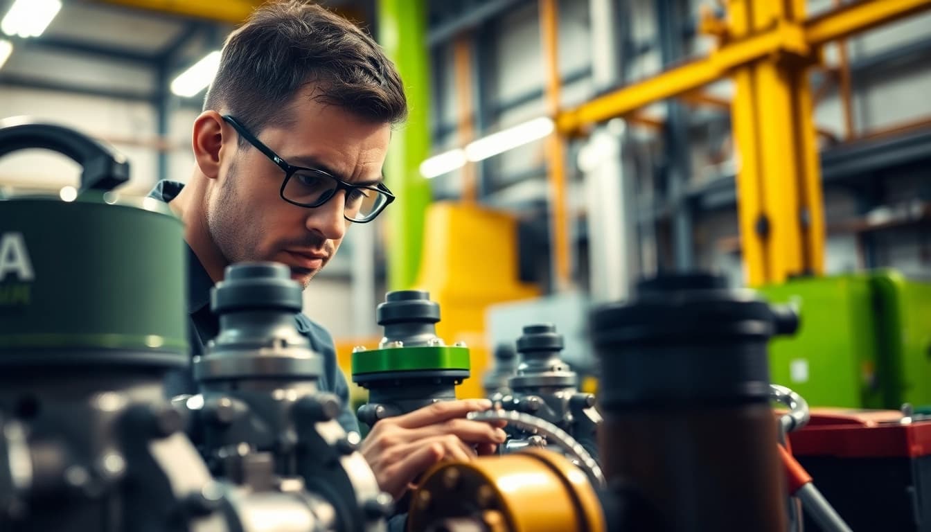 Providing hydraulic pump services with a technician analyzing machinery parts and tools in a workshop.