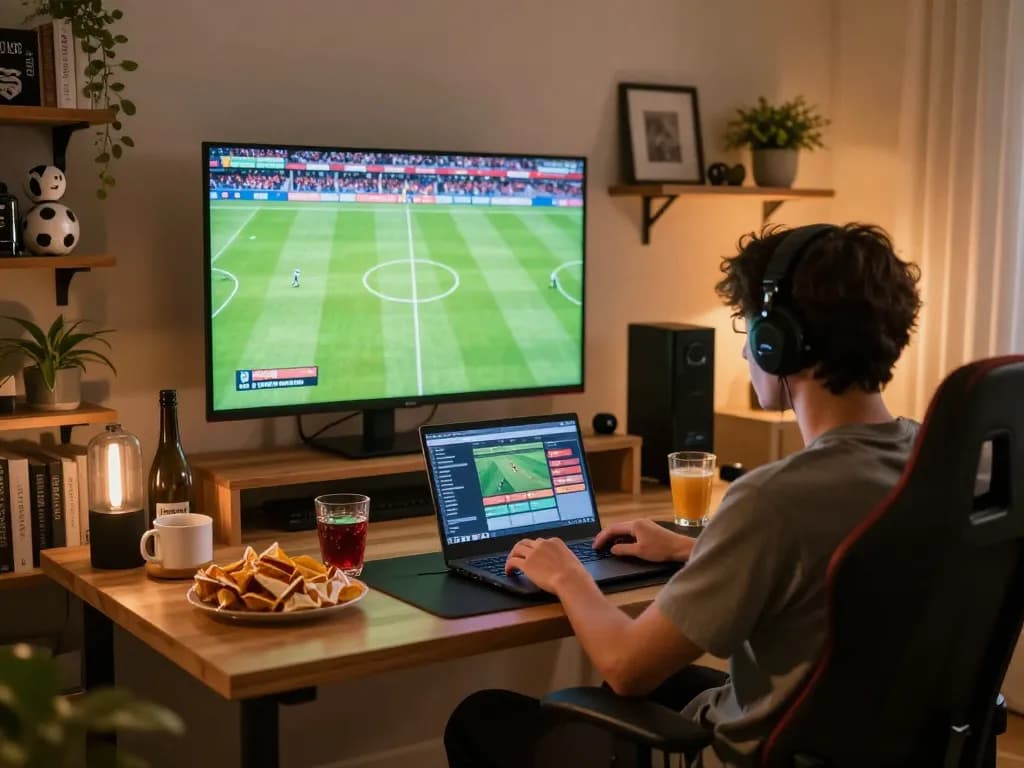 Cakhiatv user engaged in online sports betting with live match background and cozy gaming setup.